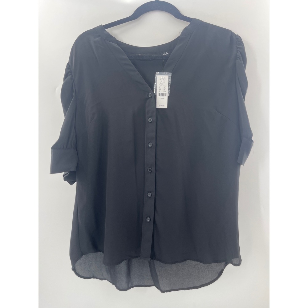 New York & Company Black‎ Puff Sleeve Button Down Blouse V-Neck Top Large NWT